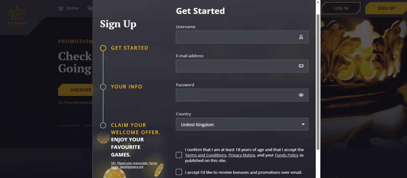 Register a new 21Casino account by entering your username, email and password