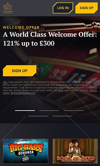 Join 21Casino via app and get a welcome bonus up to £300